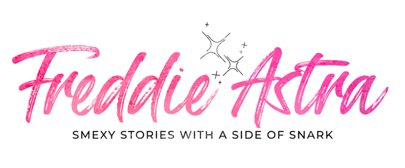 Freddie Astra Logo The Freddie Astra logo. The name is written in a vibrant pink, cursive brush font with simple black drawn sparkles above it. Underneath, a black sans-serif tagline reads: "SMEXY STORIES WITH A SIDE OF SNARK".