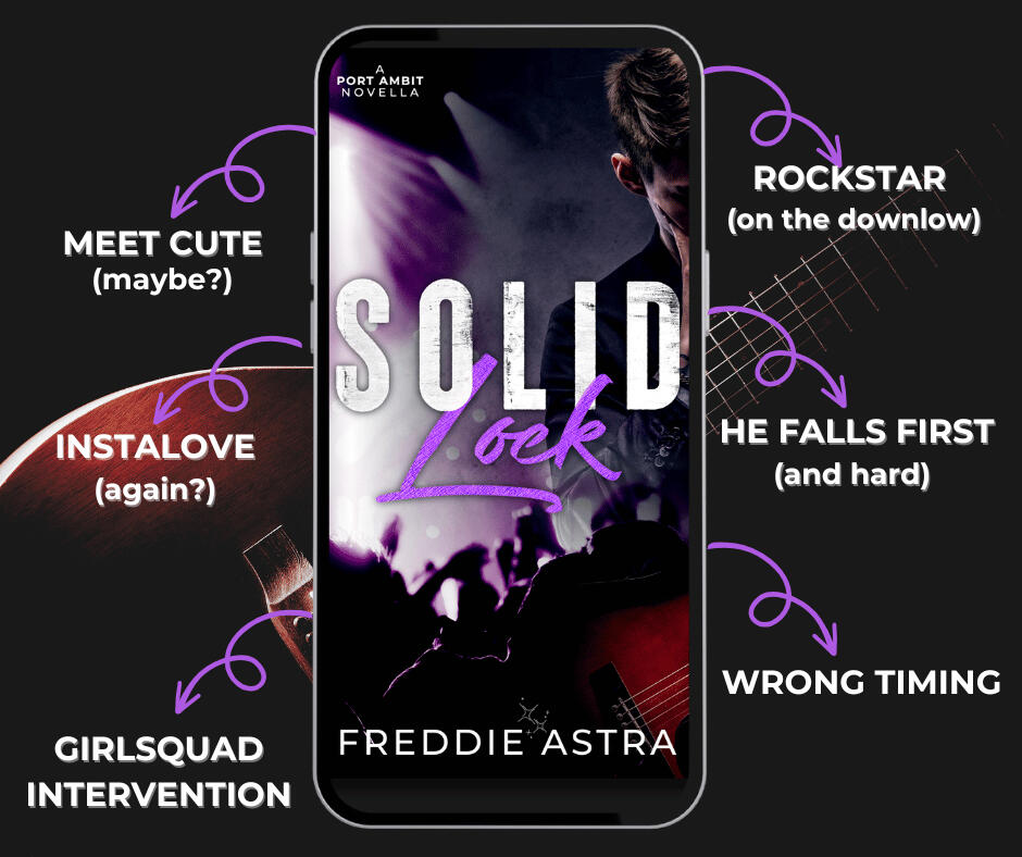 Solid Lock Book Teaser Graphic with Tropes List Book Teaser image for "SOLID Lock". A smartphone in front of a guitar shows a concert scene surrounded by romance tropes: Meet Cute (maybe?), Instalove (again?), Girlsquad Intervention, Rockstar (on the downlow), He Falls First (and hard), and Wrong Timing