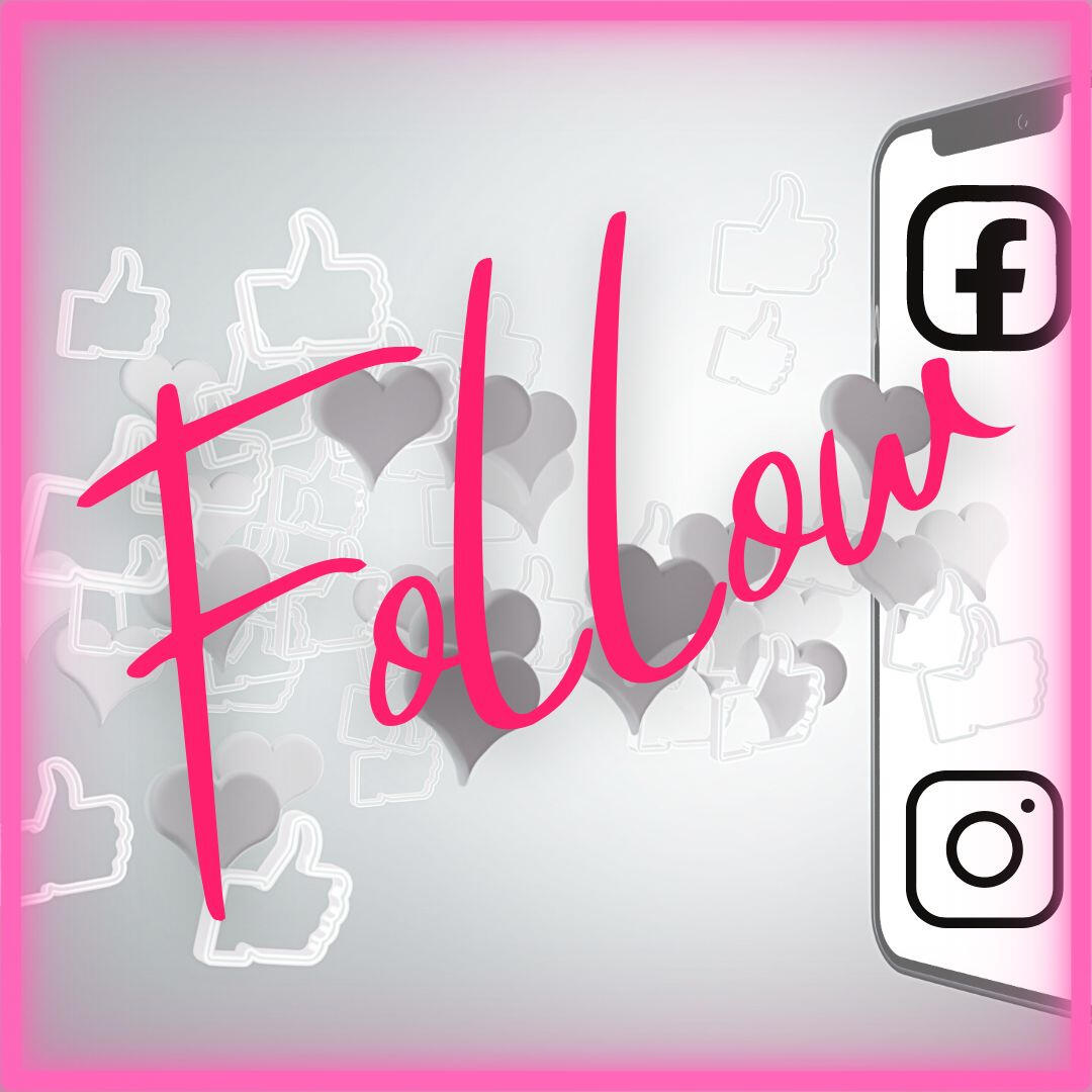 Social Media Follow Graphic A promotional graphic with a bright pink border. Large, pink cursive text reads "Follow" across the center. In the background, there are scattered 3D grey hearts and white thumbs-up icons. On the right side is an illustration of a smartphone displaying the